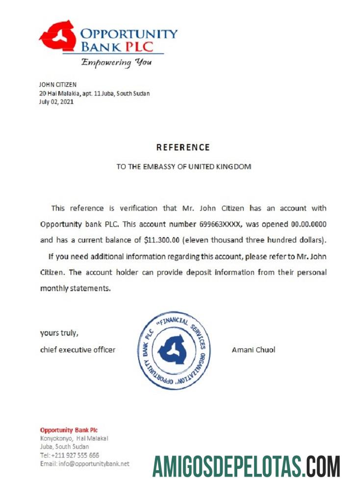 Referência do Banco de Oportunidades do Sudão do Sul exemplo real